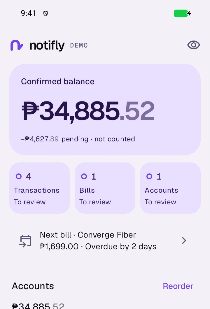 notifly home on a phone in light theme: confirmed balance with pending shown on a separate line, and review counts.