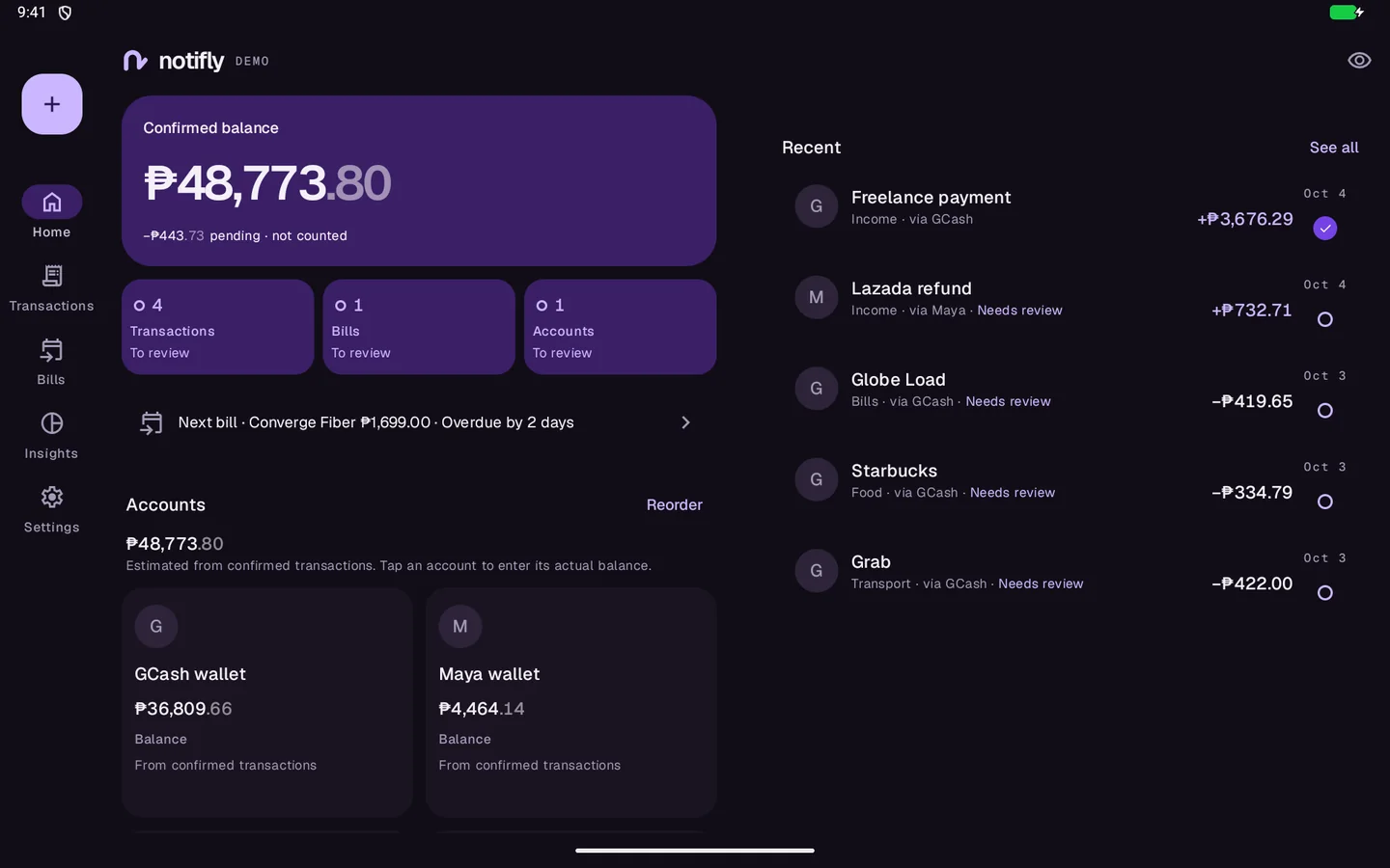 notifly home on a tablet in dark theme: confirmed balance, review counts, accounts, and recent transactions with open rings and filled ticks.