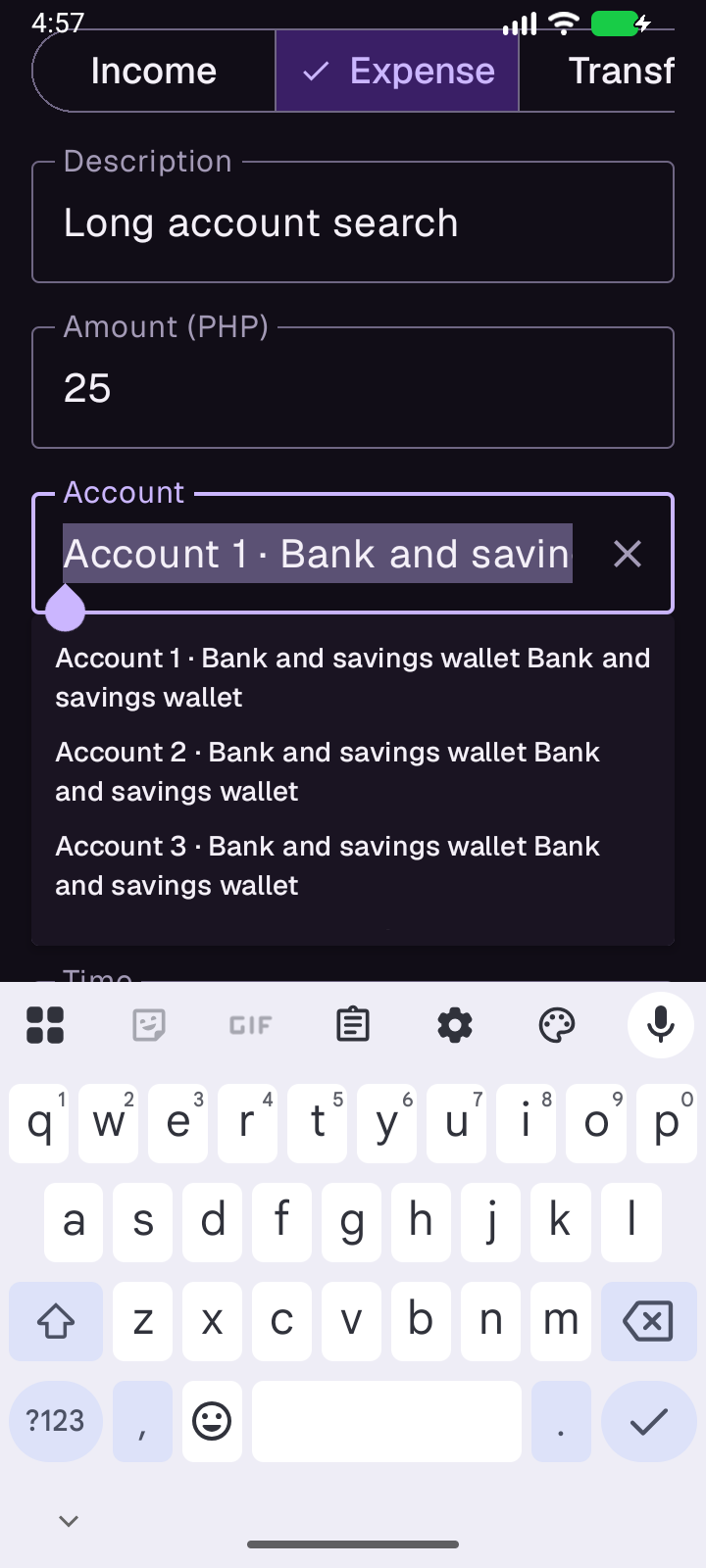 Transaction search, dark theme