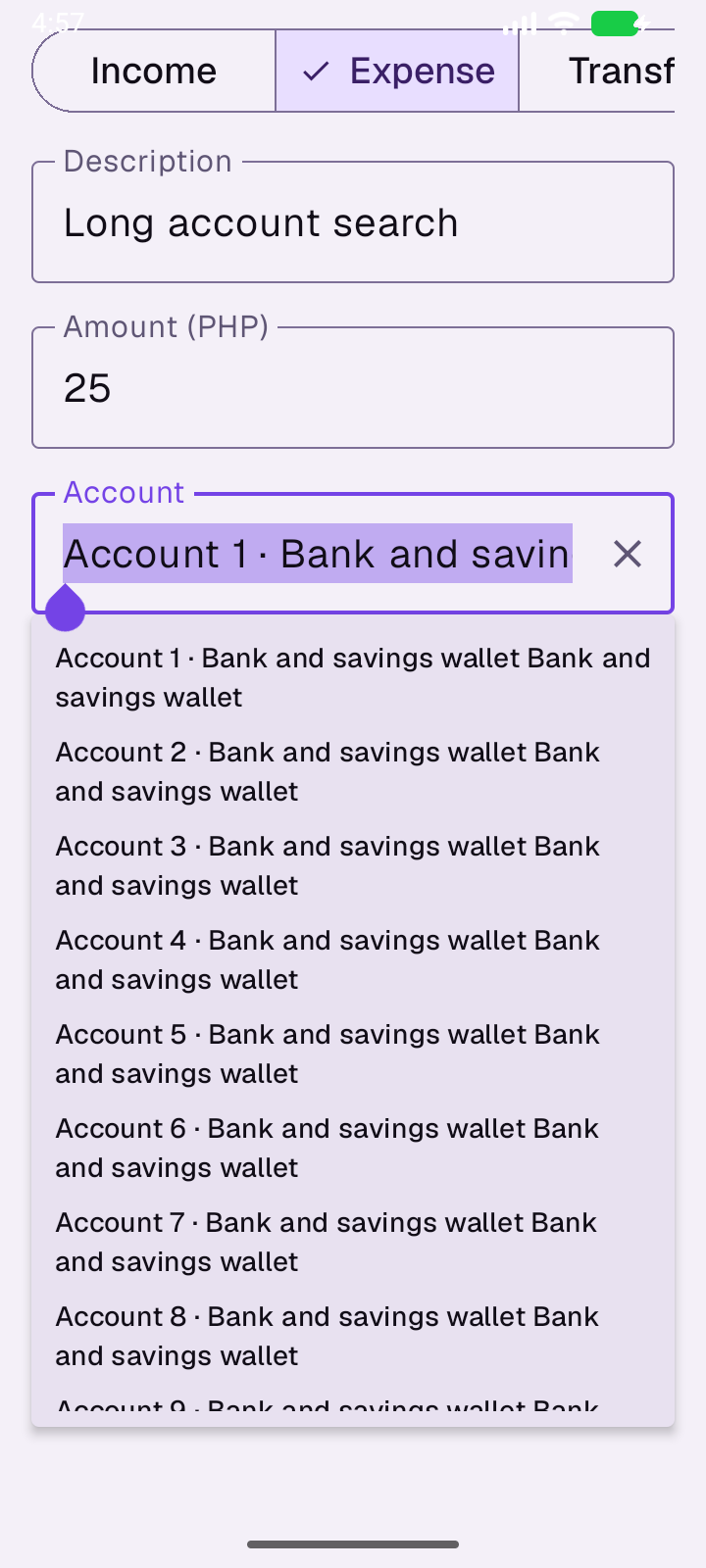 Transaction search, light theme